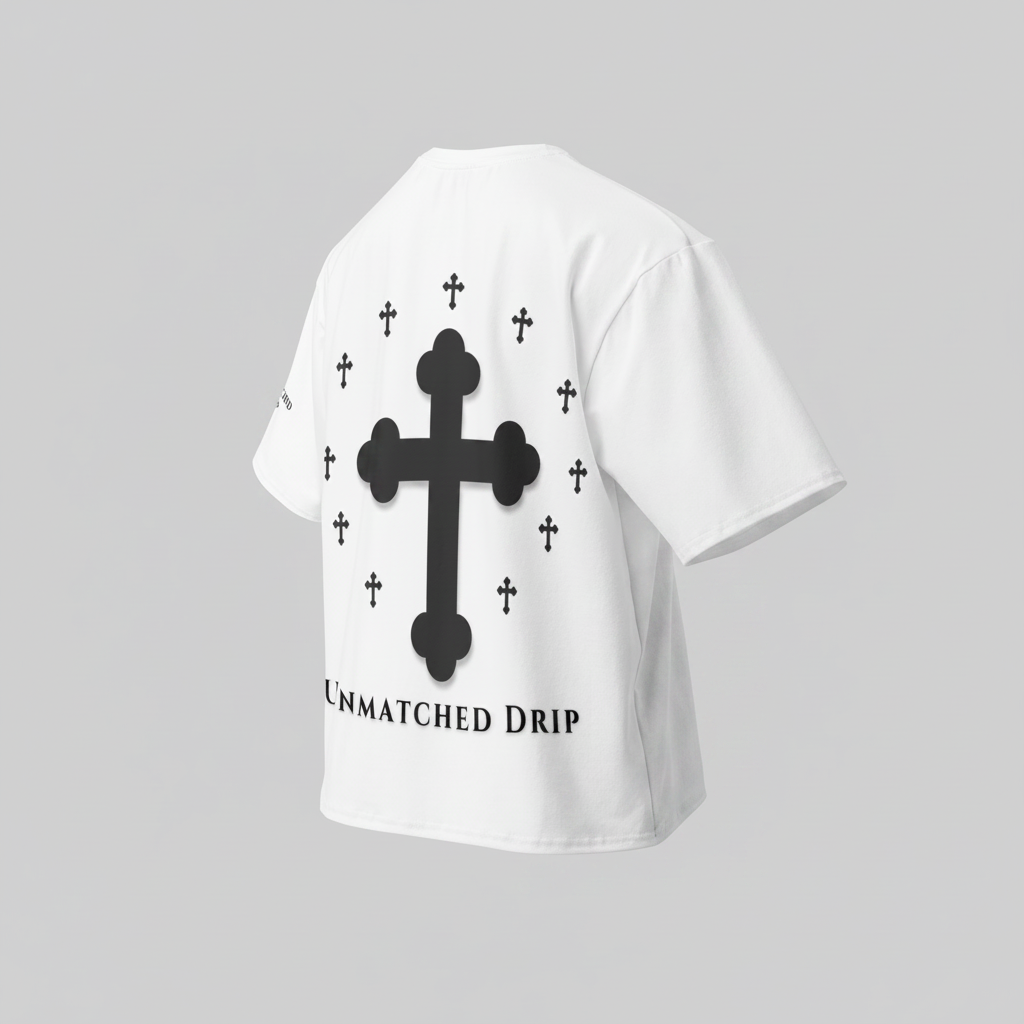 White t-shirt with black cross design and 'Unmatched Drip' text on a white background